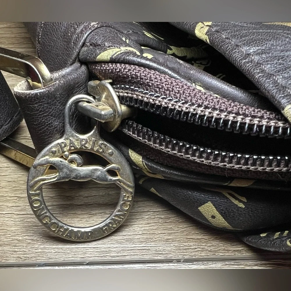 Longchamp Shoulder Bag Leather Dark Brown Horse Pattern